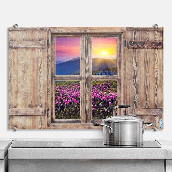 Spritzschutz 3D Holzfenster - Sonnenuntergang in den Bergen - WA240905