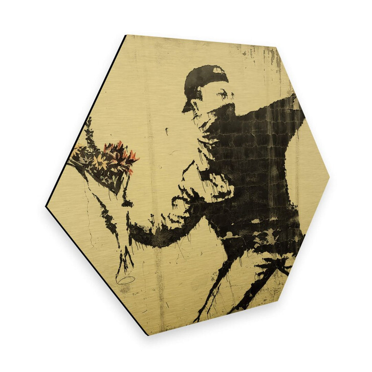 Hexagon - Alu-Dibond-Goldeffekt Banksy - Der Blumenwerfer - WA263126