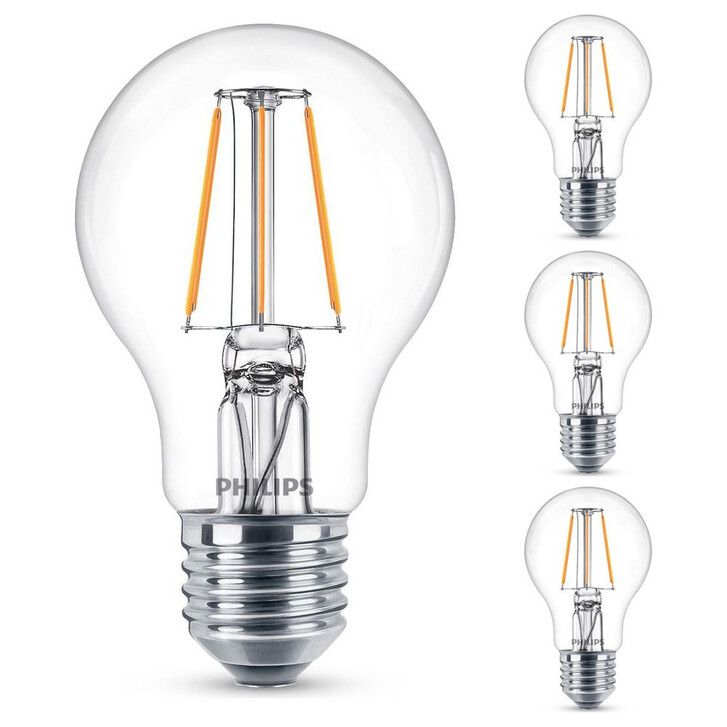 Philips LED Lampe ersetzt 40W, E27 Standardform A60. klar, warmweiss, 470 Lumen, nicht dimmbar, 4er Pack Energieklasse A&&